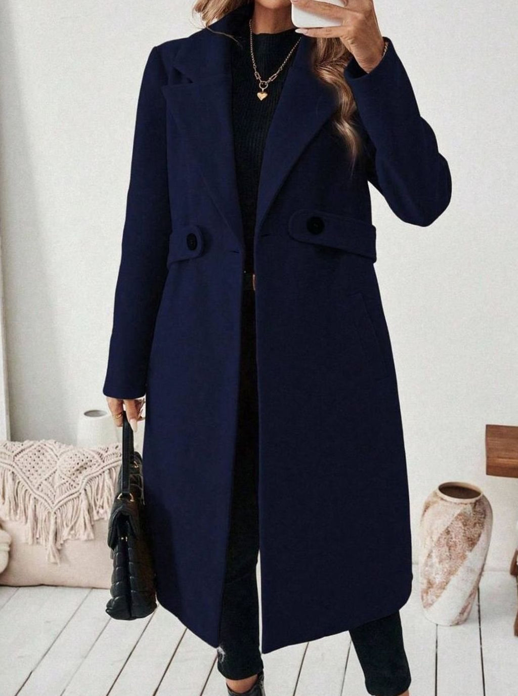 Hannah | Manteau en laine pour femmes avec col à revers et poches à rabat, coupe longue