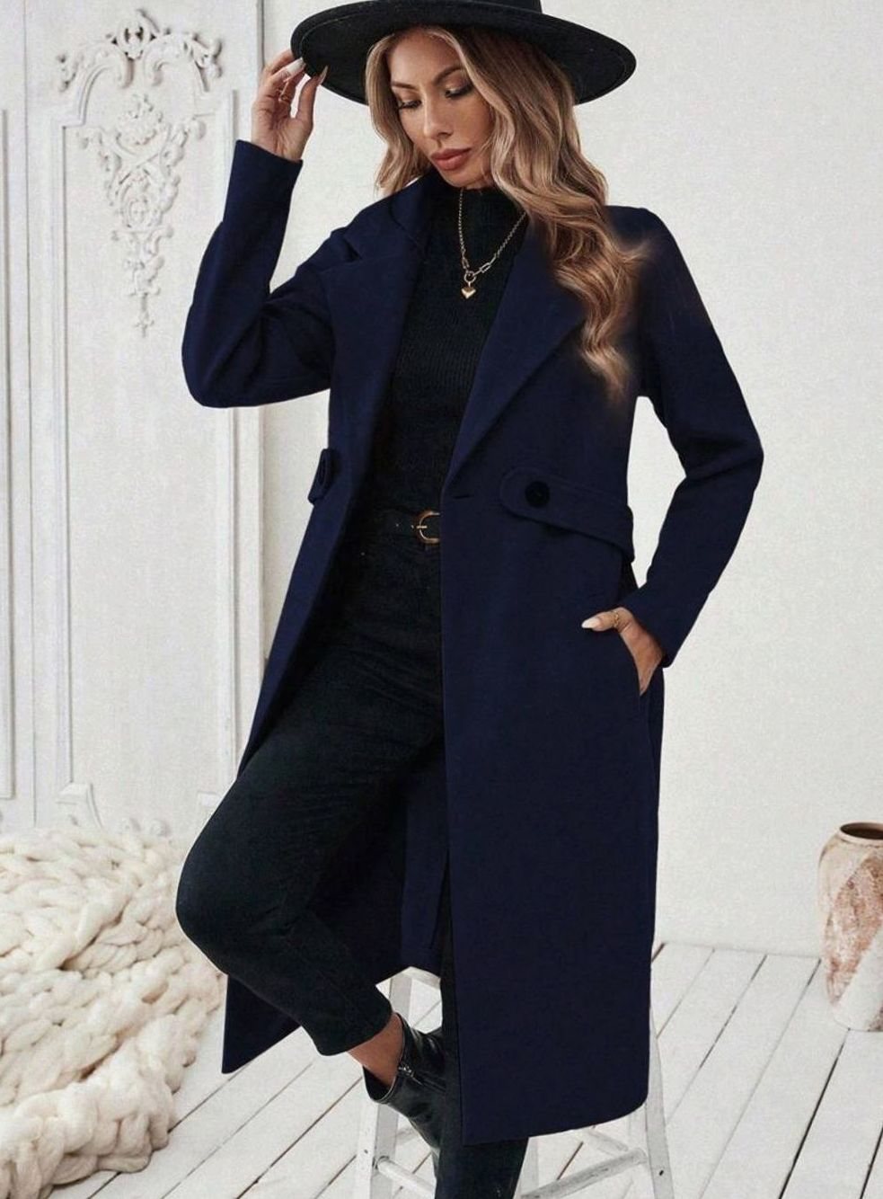 Hannah | Manteau en laine pour femmes avec col à revers et poches à rabat, coupe longue