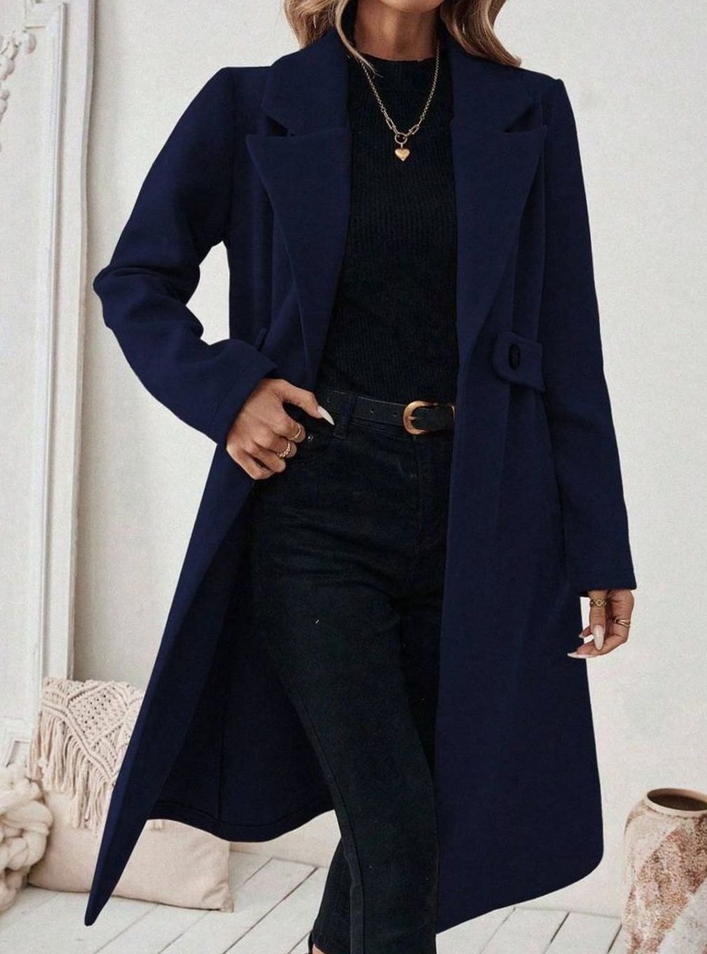 Hannah | Manteau en laine pour femmes avec col à revers et poches à rabat, coupe longue
