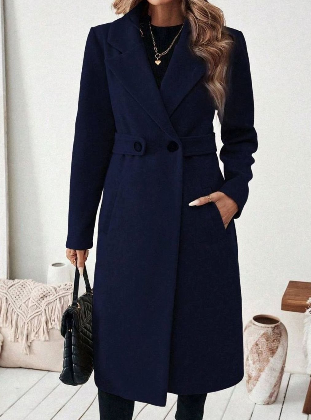 Hannah | Manteau en laine pour femmes avec col à revers et poches à rabat, coupe longue