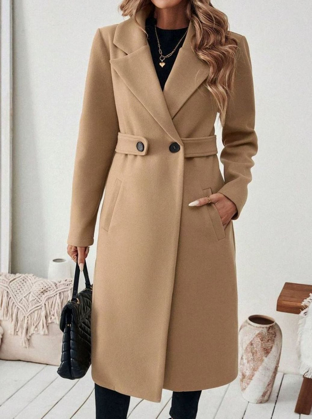 Hannah | Manteau en laine pour femmes avec col à revers et poches à rabat, coupe longue