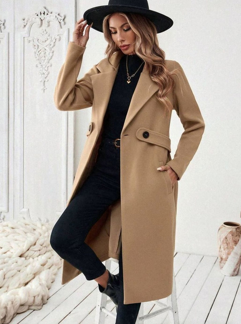 Hannah | Manteau en laine pour femmes avec col à revers et poches à rabat, coupe longue