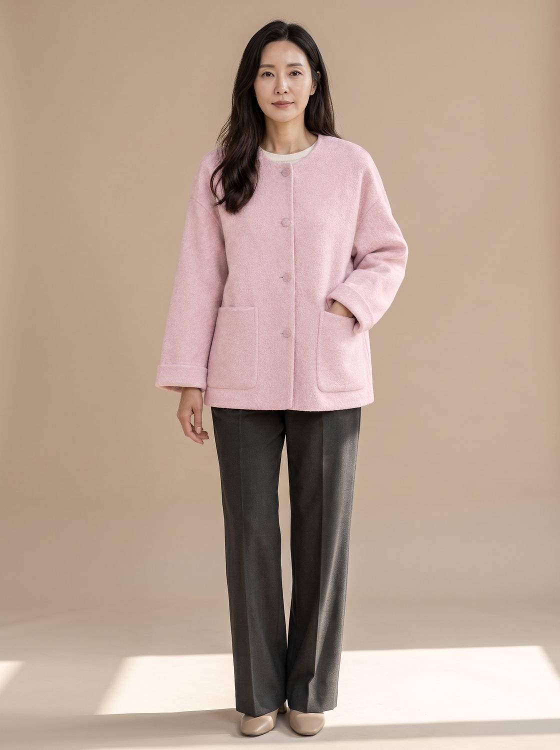 Luisa | Manteau en laine pour femmes, coupe décontractée, veste courte à col rond avec patte de boutonnage