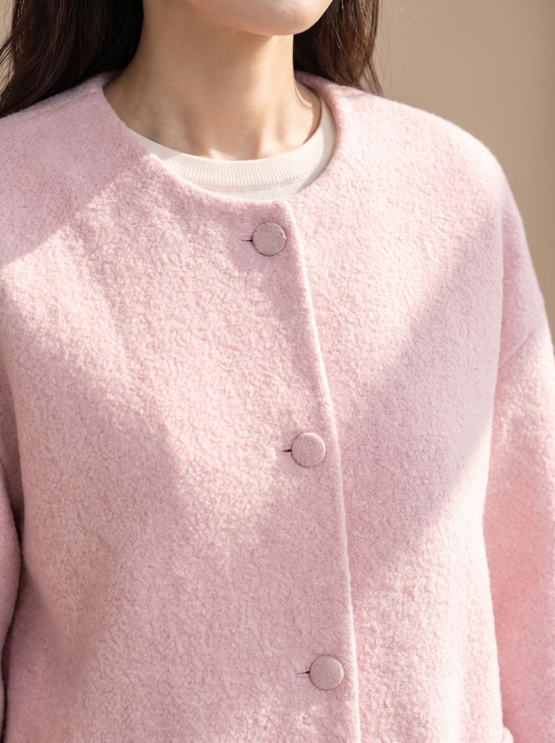 Luisa | Manteau en laine pour femmes, coupe décontractée, veste courte à col rond avec patte de boutonnage