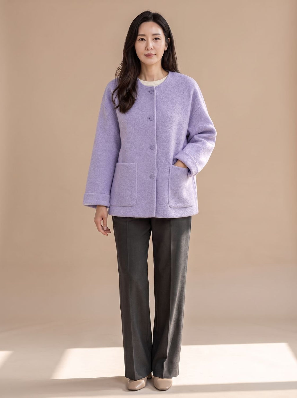 Luisa | Manteau en laine pour femmes, coupe décontractée, veste courte à col rond avec patte de boutonnage