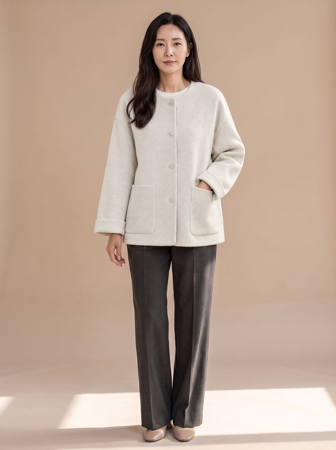 Luisa | Manteau en laine pour femmes, coupe décontractée, veste courte à col rond avec patte de boutonnage