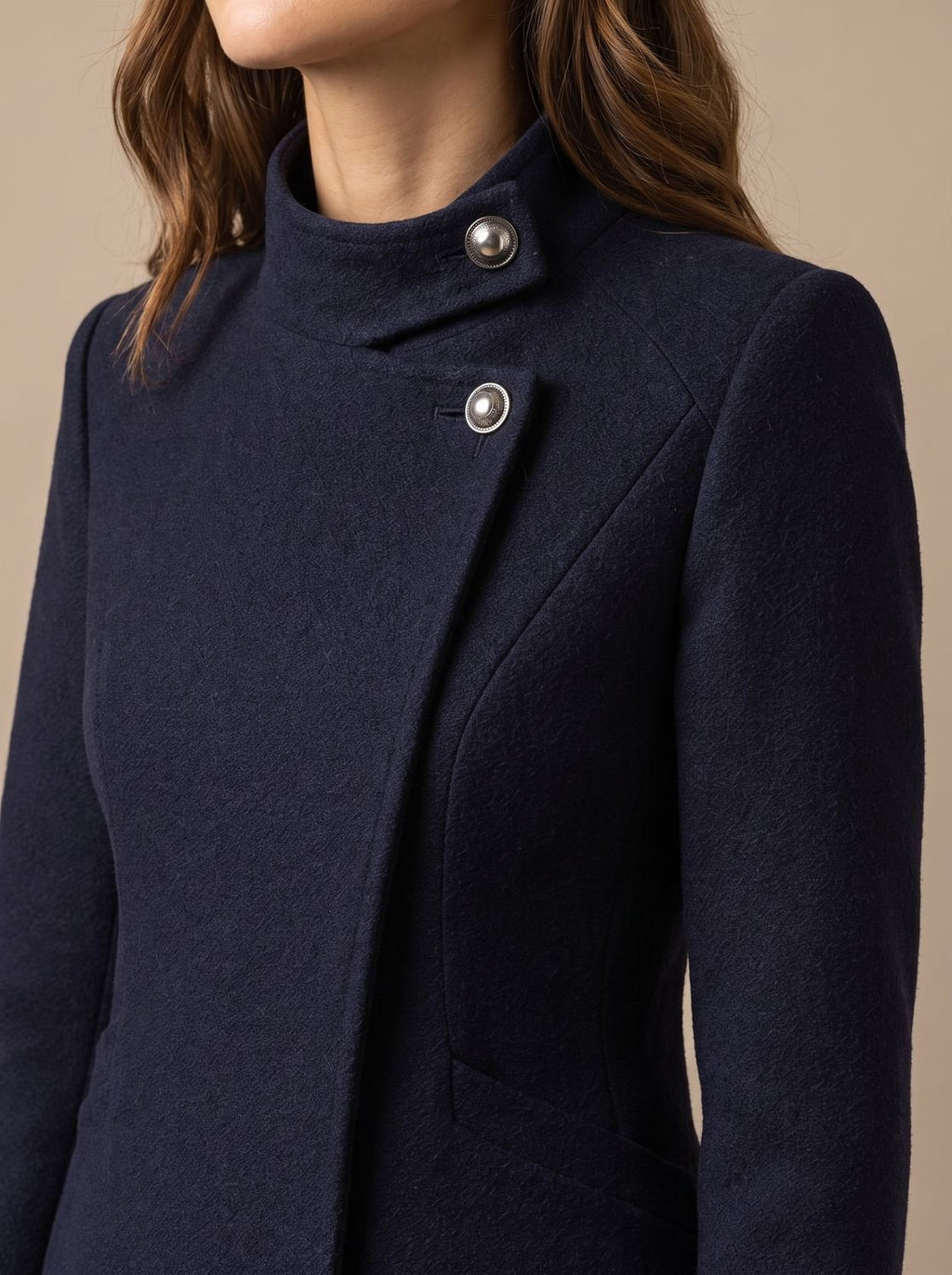 Hannah | Manteau en Laine Femme Cintré Col Montant Fermeture Bouton Asymétrique
