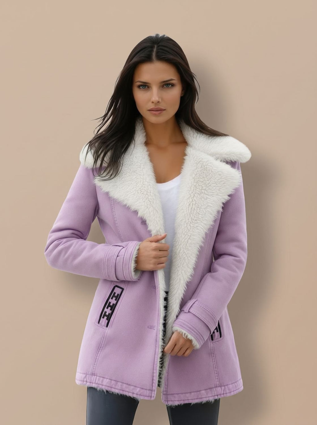 Luisa | Manteau en laine pour femmes, veste d'hiver avec col en fausse fourrure, longueur hanches