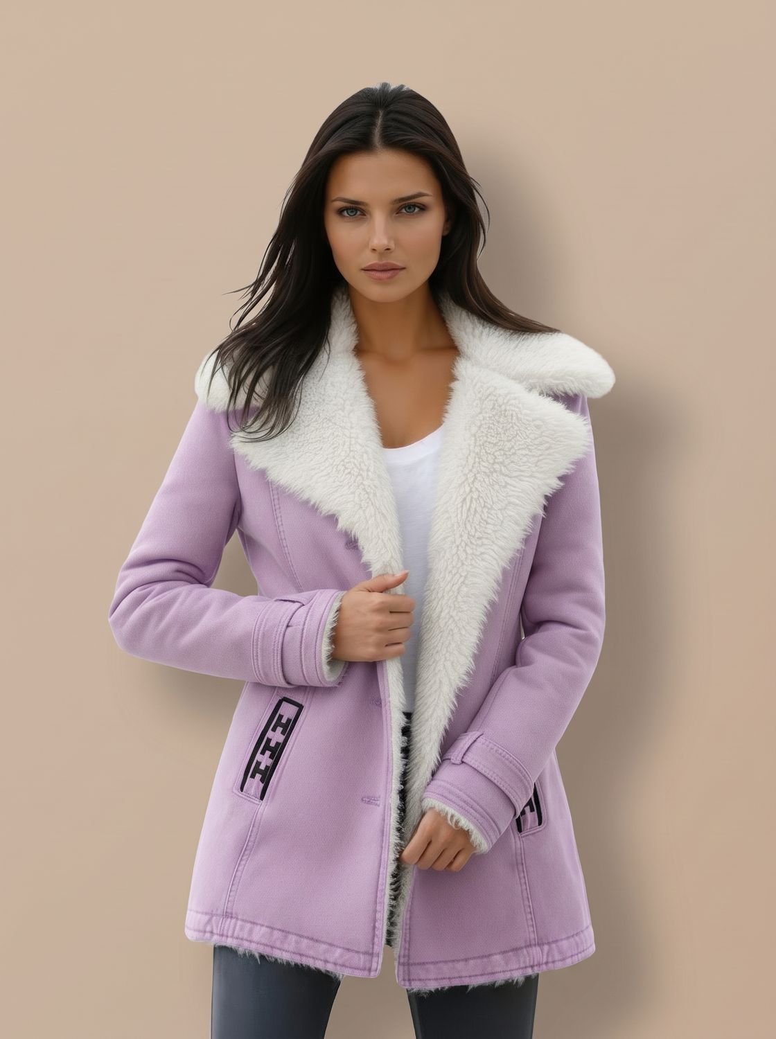 Luisa | Manteau en laine pour femmes, veste d'hiver avec col en fausse fourrure, longueur hanches