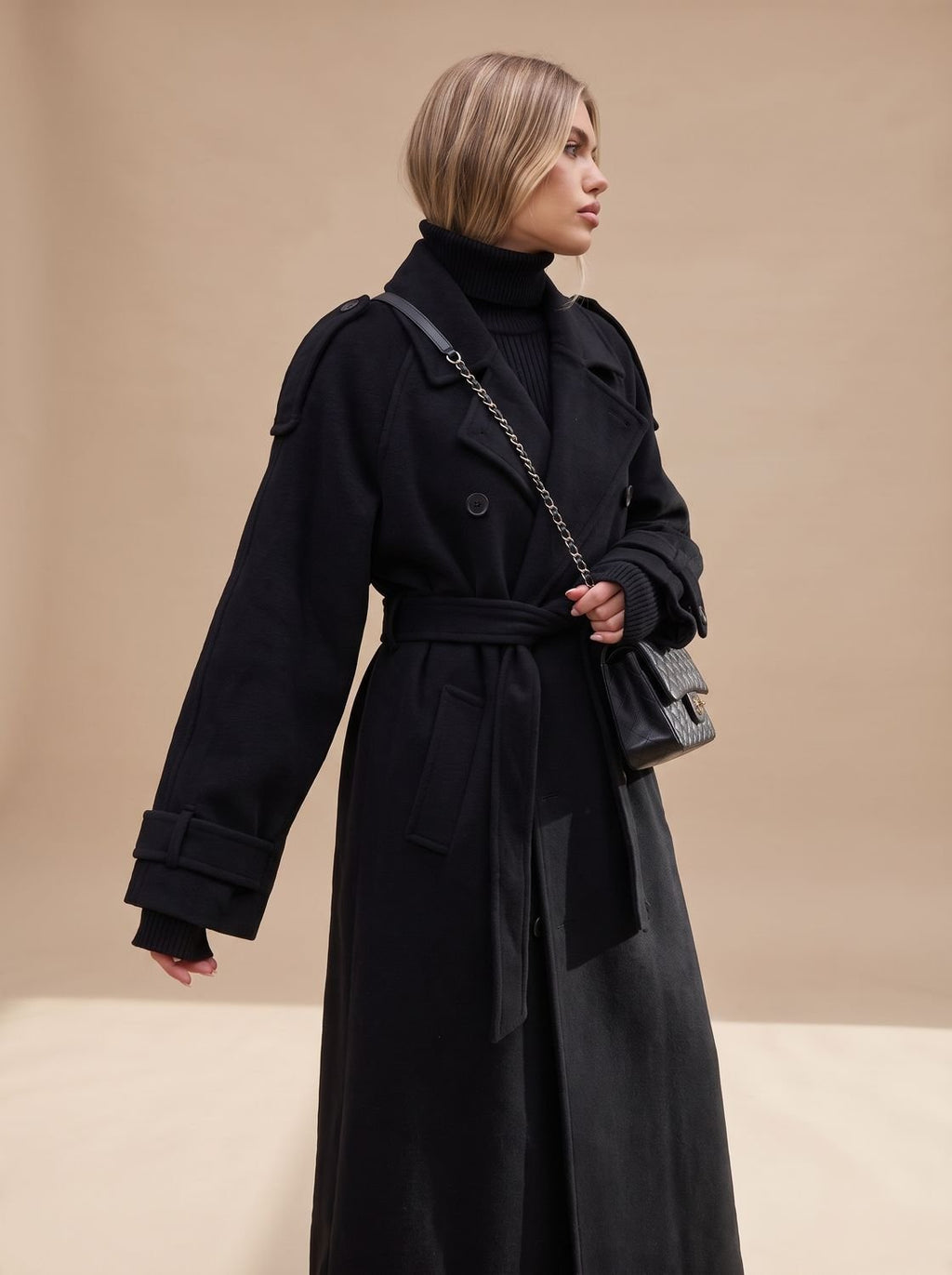 Marie | Manteau en laine pour femmes Trench Coat à double boutonnage avec ceinture et silhouette longue