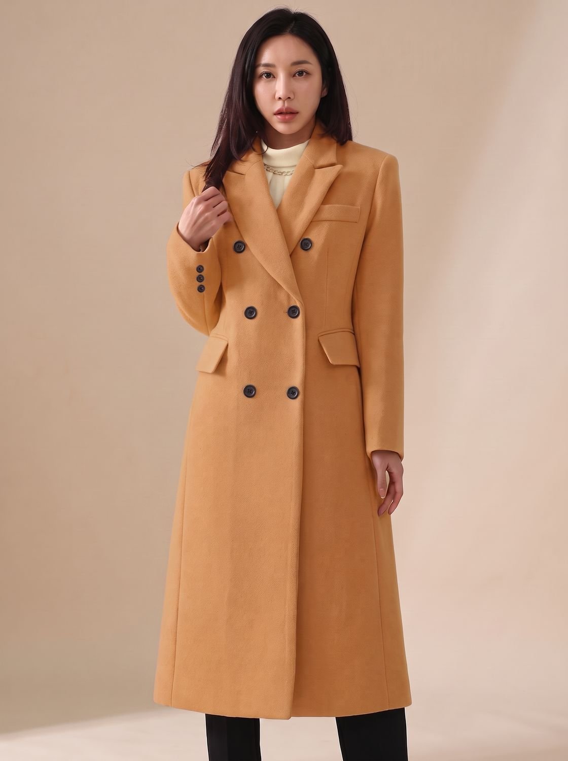 Mia | Manteau en Laine Femme, Manteau d'Hiver Long Ajusté à Double Boutonnage