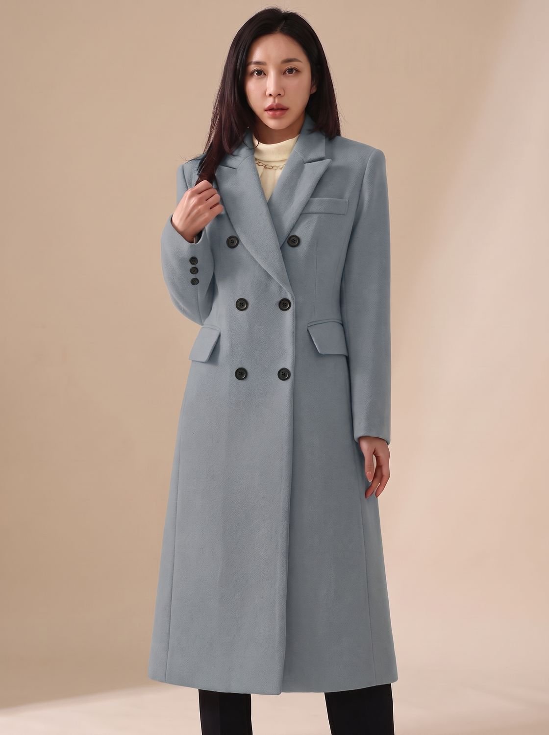 Mia | Manteau en Laine Femme, Manteau d'Hiver Long Ajusté à Double Boutonnage