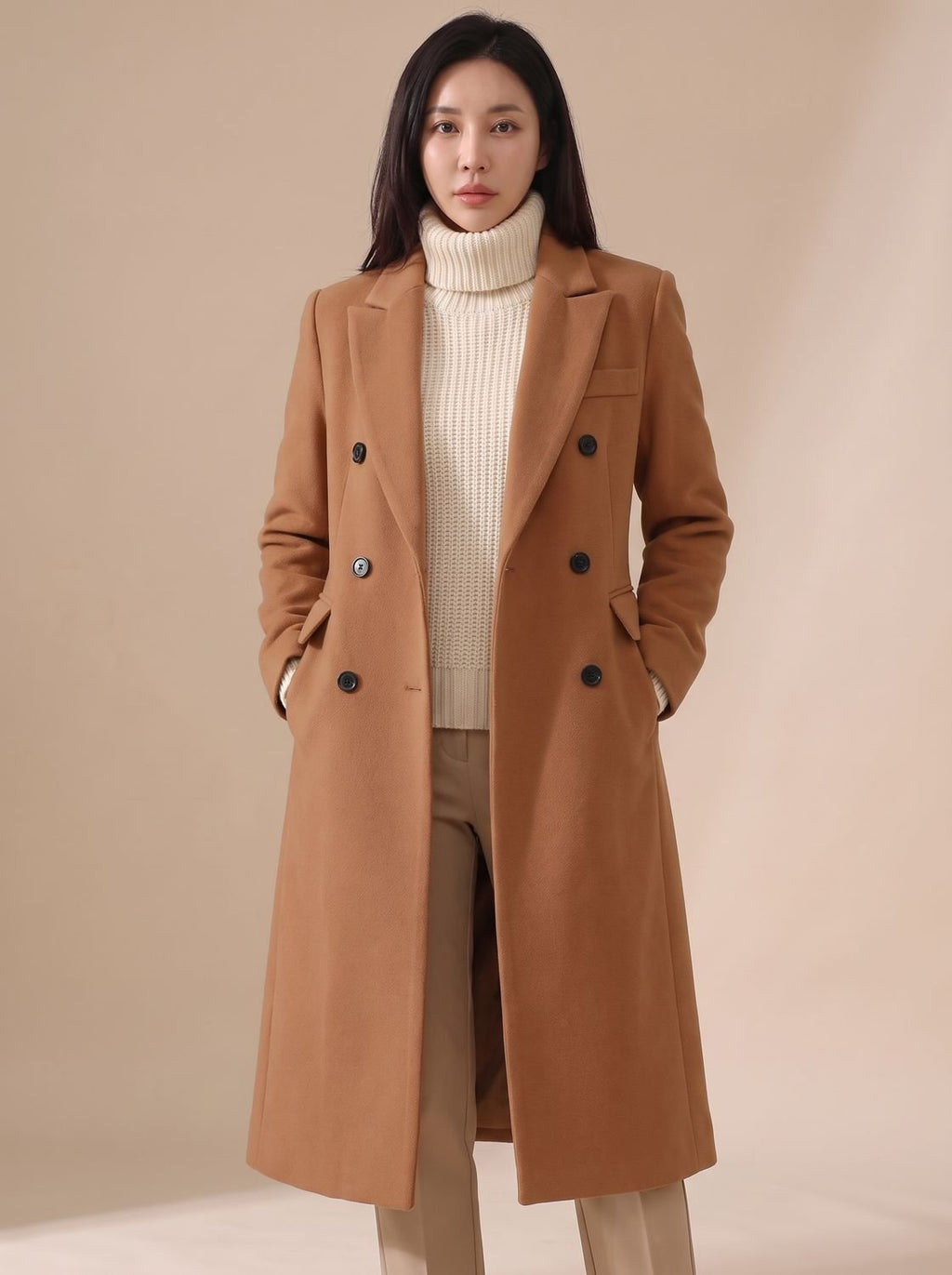Mia | Manteau en Laine Femme, Manteau d'Hiver Long Ajusté à Double Boutonnage
