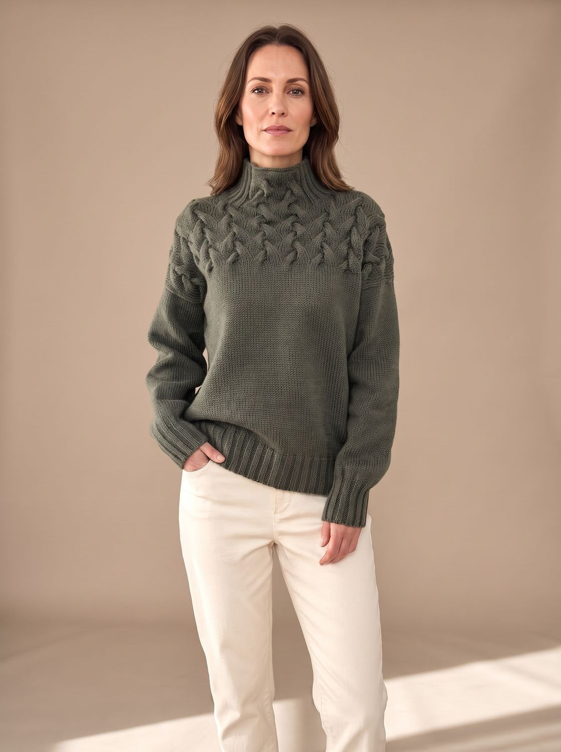 Greta | Pull à col roulé en tricot torsadé pour femmes, pull de Noël avec tricot structuré