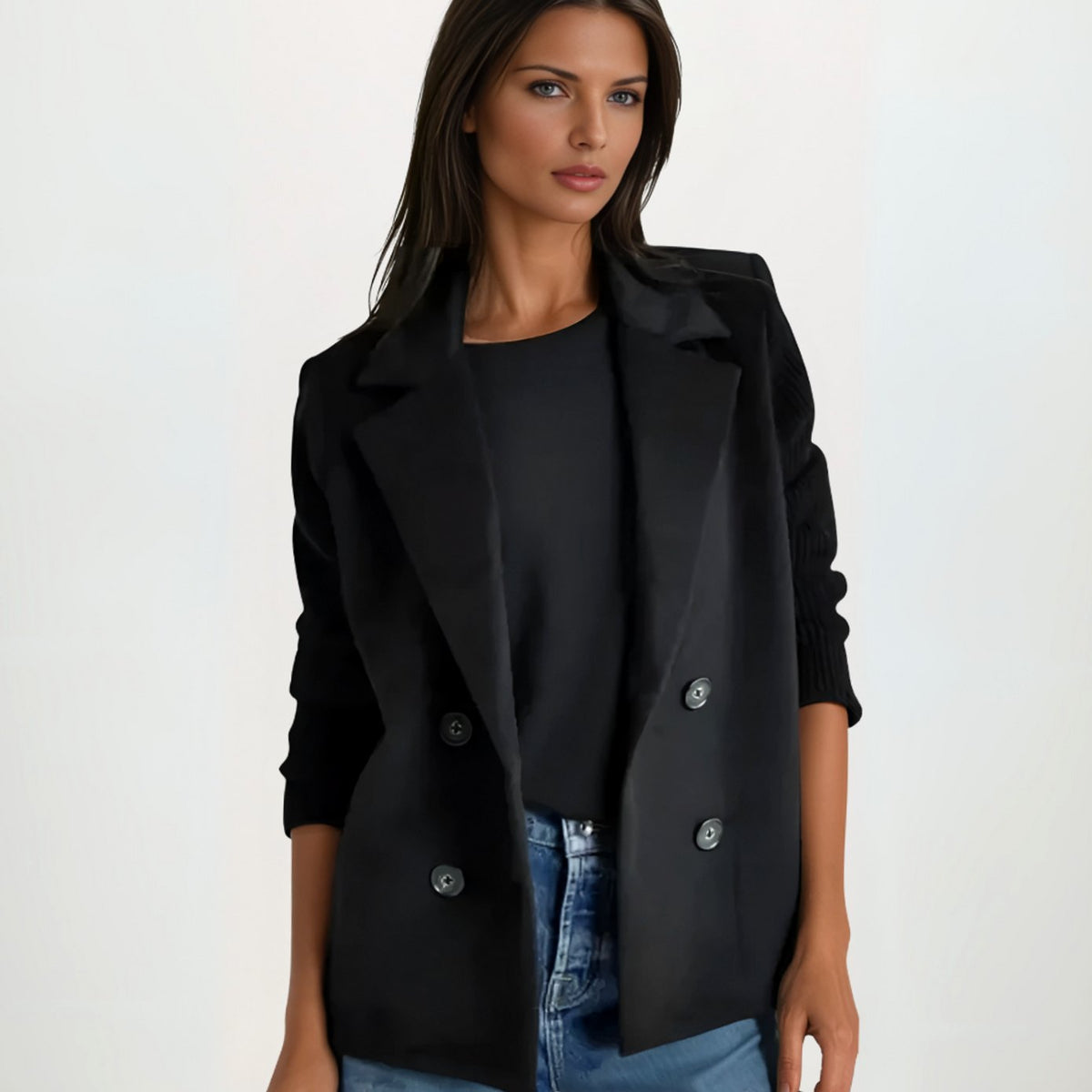 Nora | Blazer en tricot pour femmes à double boutonnage avec manches côtelées et aspect laine