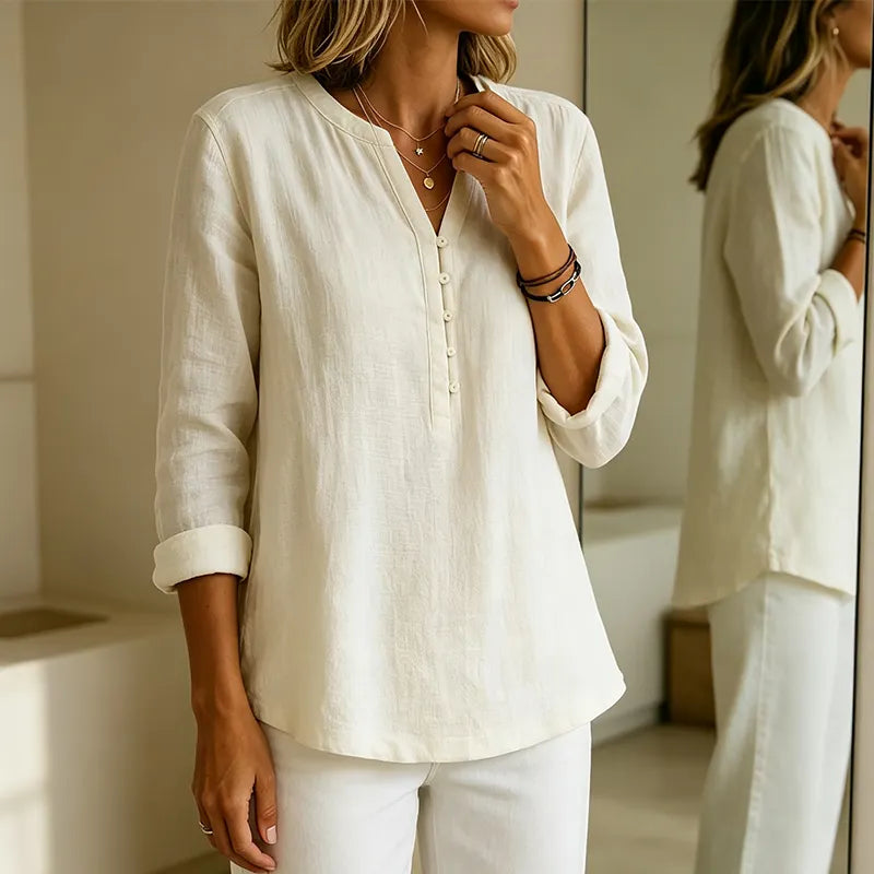 Chemise femme ample à col V avec boutons et manches retroussables
