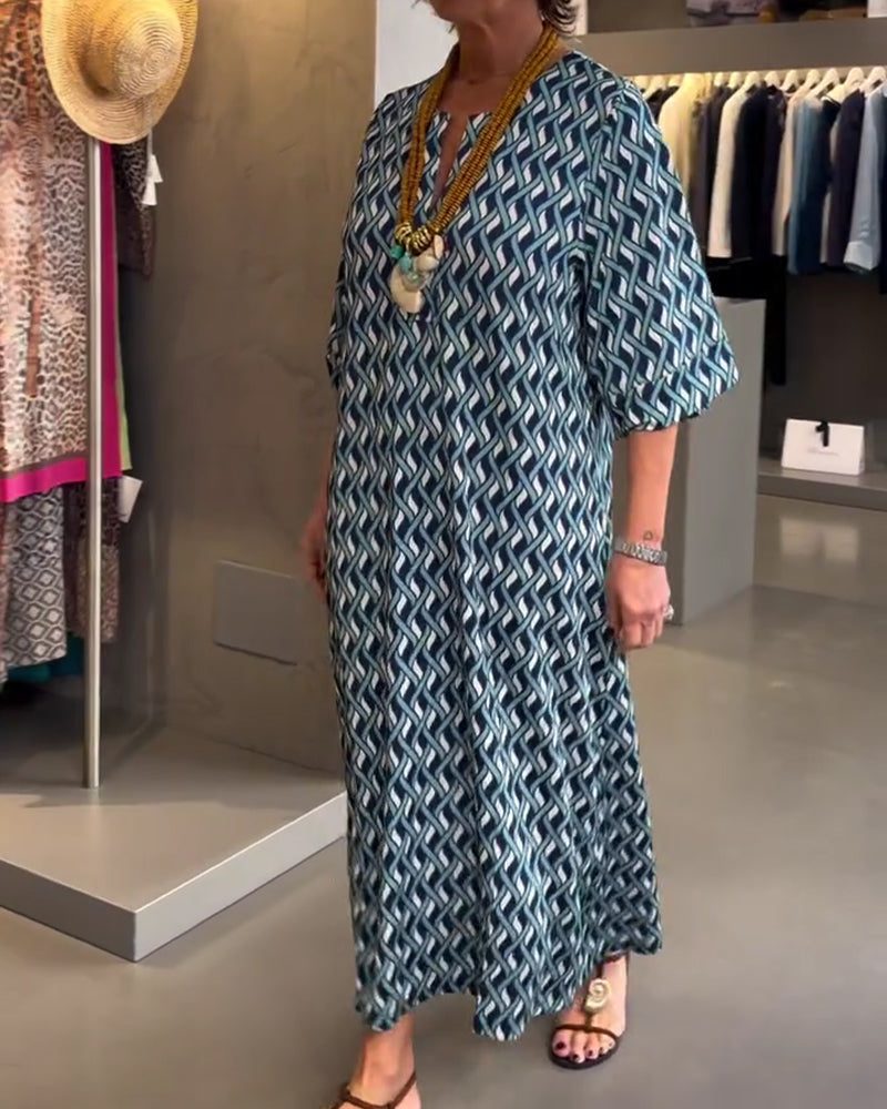 Robe Col En V Motif Diamant Droite Décontractée