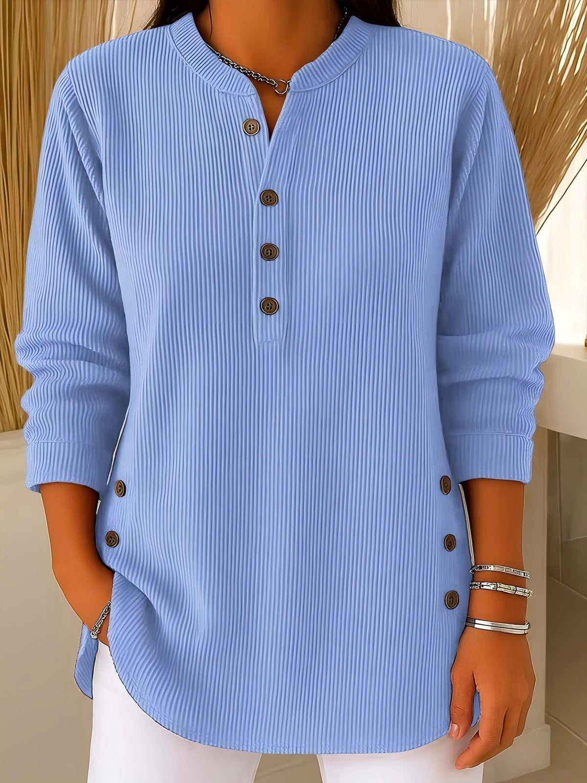 Blouse femme côtelée à boutons décoratifs