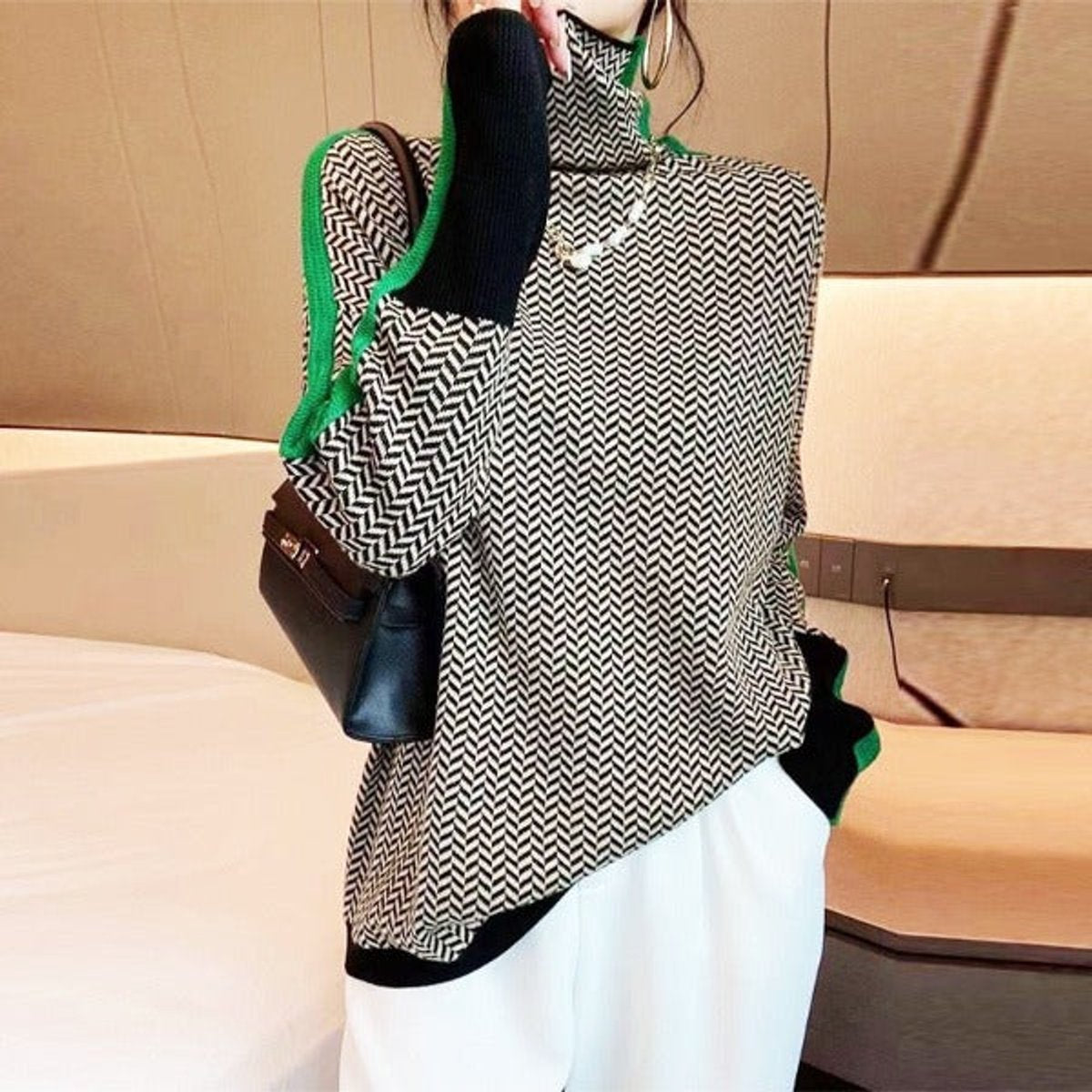 Emily | Pull Oversized à Col Roulé avec Motif Pied-de-Poule