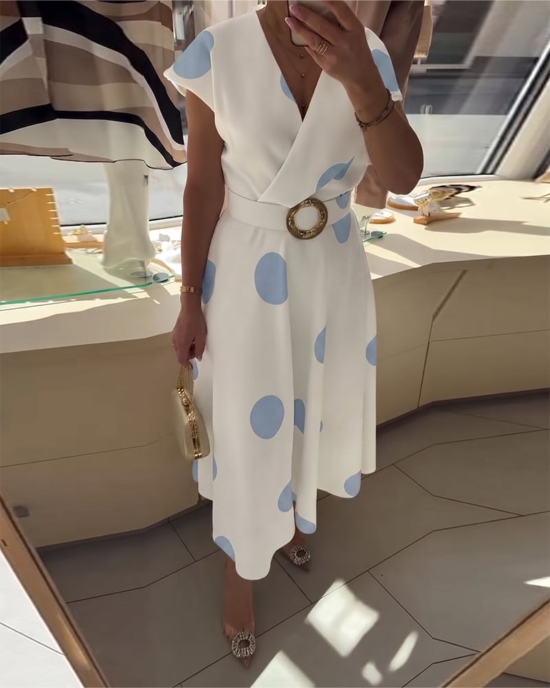 Robe Cintrée à Pois avec Décolleté en V