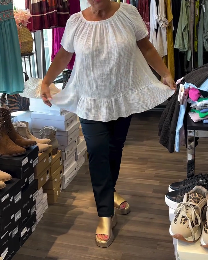 Blouse Col Rond Froncée Décontractée Unie