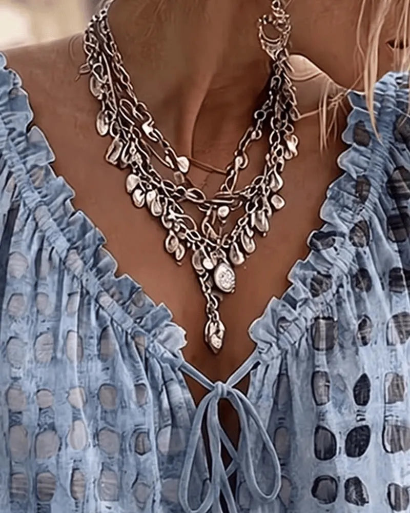 Blouse femme bohème à pois avec col V noué