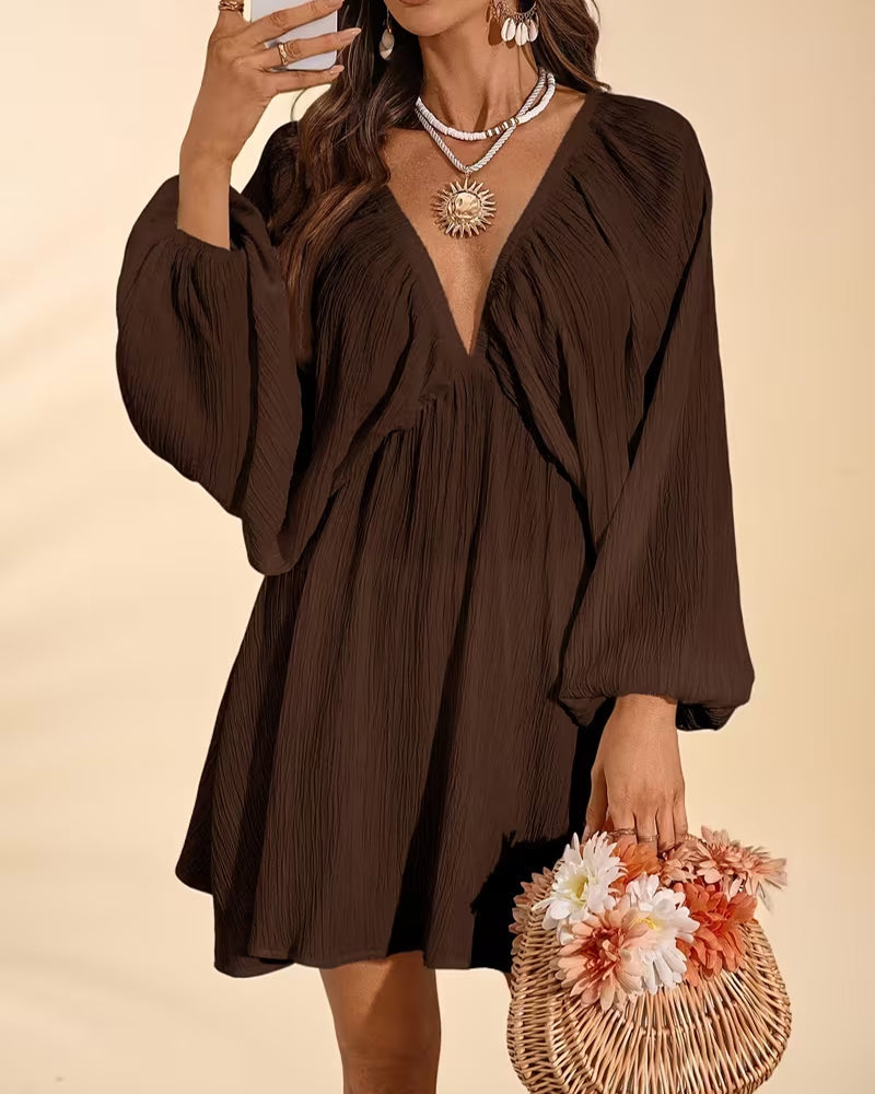 Robe Col En V Froncé Manche Bouffante Ample