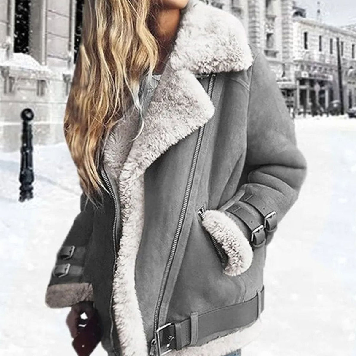 Hannah | Veste d'hiver pour femmes en daim avec doublure en agneau et détails de biker