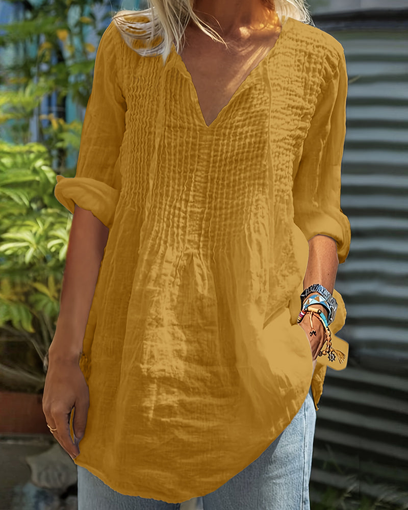 Blouse Col En V Cordon De Serrage Unie