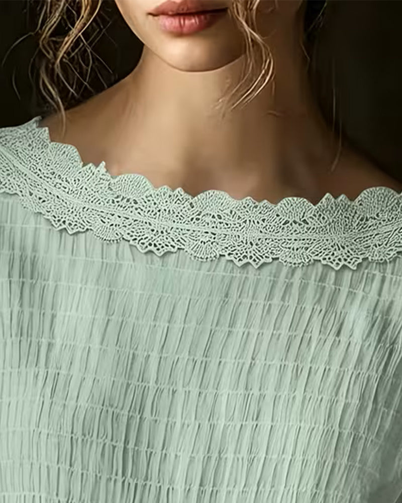 Blouse Col Rond Froncé Dentelle Panneau Unie