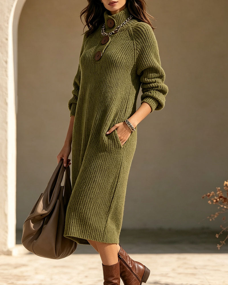 Robe Col Roulé Bouton Poche