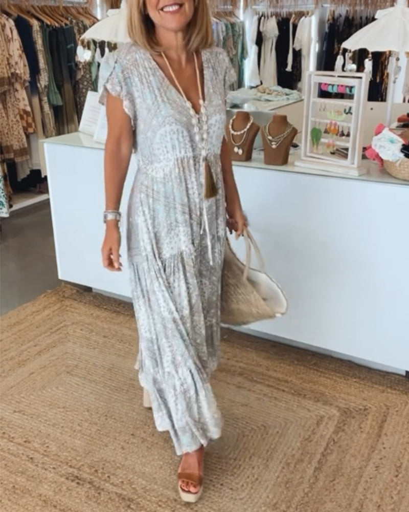 Robe à manches fendues en V imprimée pour les vacances