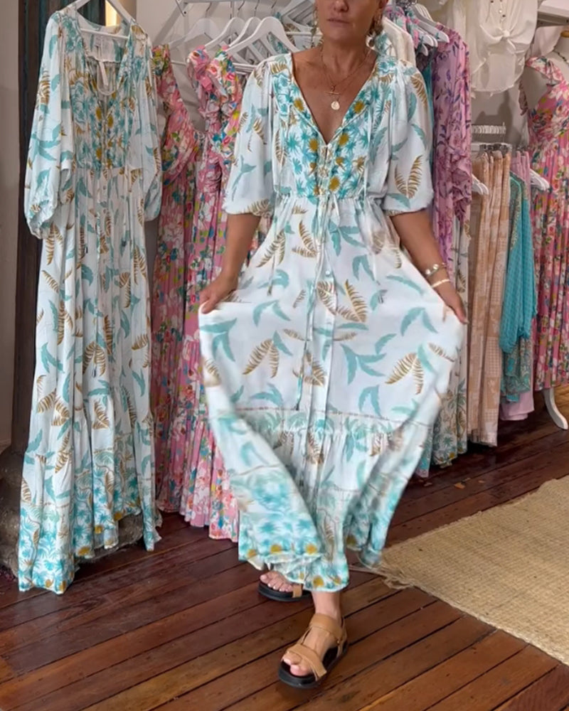 Robe maxi à imprimé feuilles avec décolleté en V pour femmes