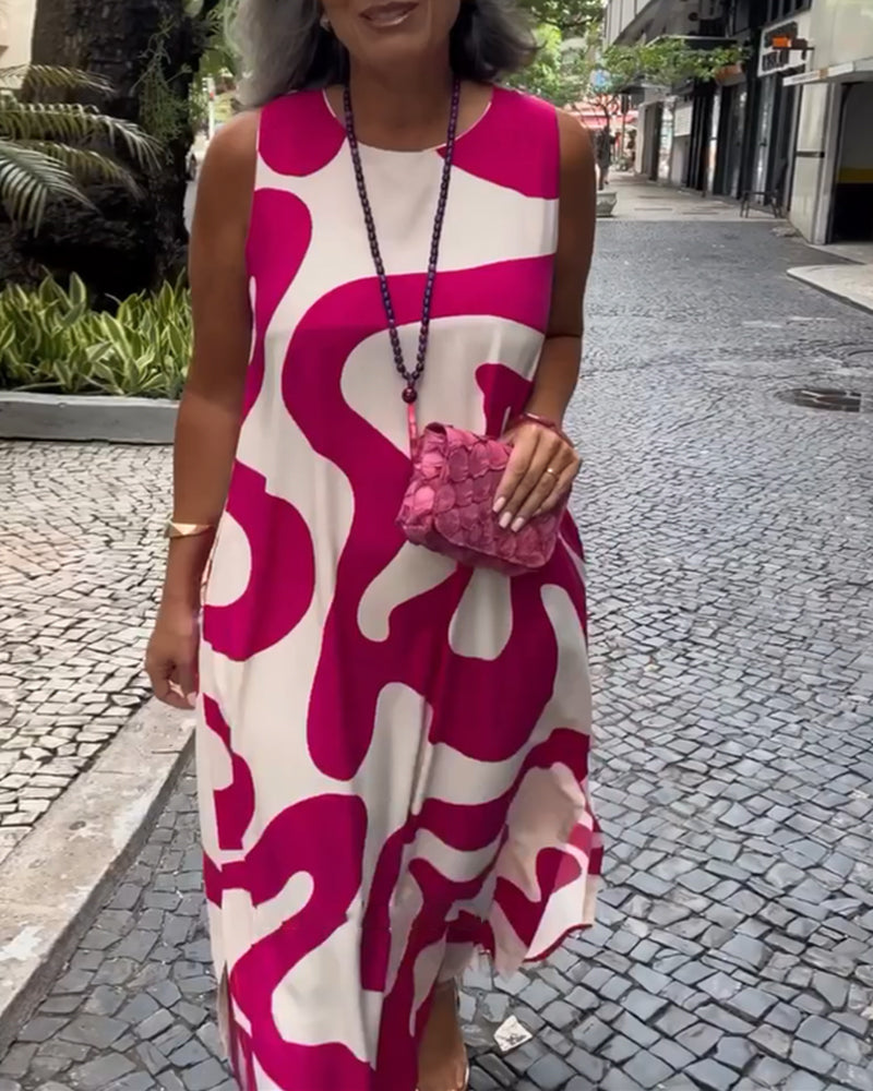 Robe sans manches à imprimé géométrique col rond