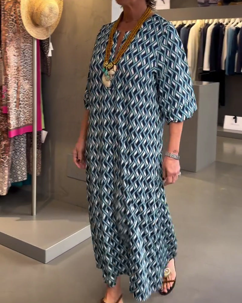 Robe Col En V Motif Diamant Droite Décontractée