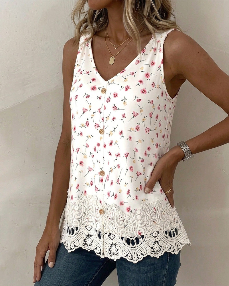 Débardeur Col V Bretelle Spaghetti Florale Dentelle Patchwork