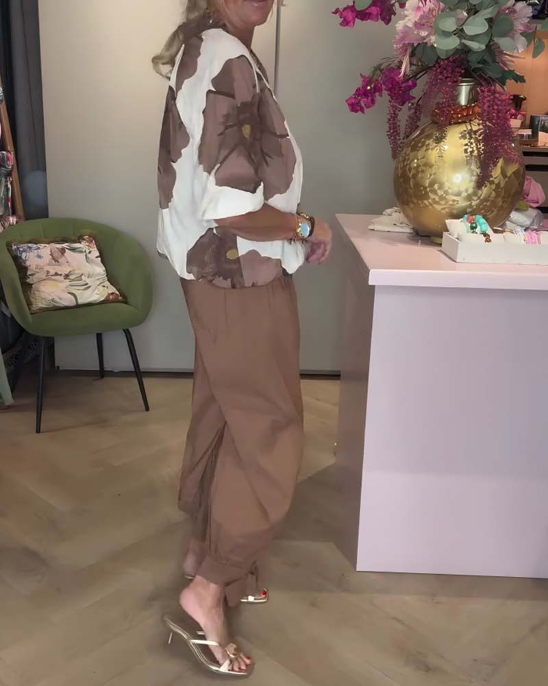 Blouse Col En V Fleuri Manches Mi-Longues Décontractée