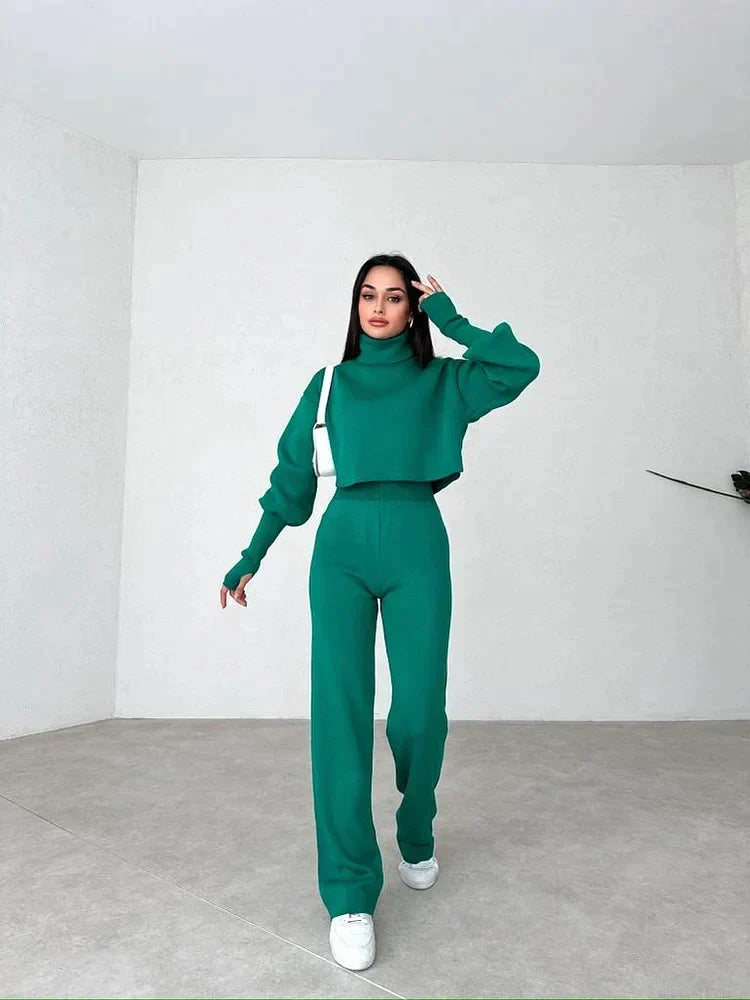 Ensemble Femme Deux Pièces Pull Col Montant Oversize Pantalon Droit