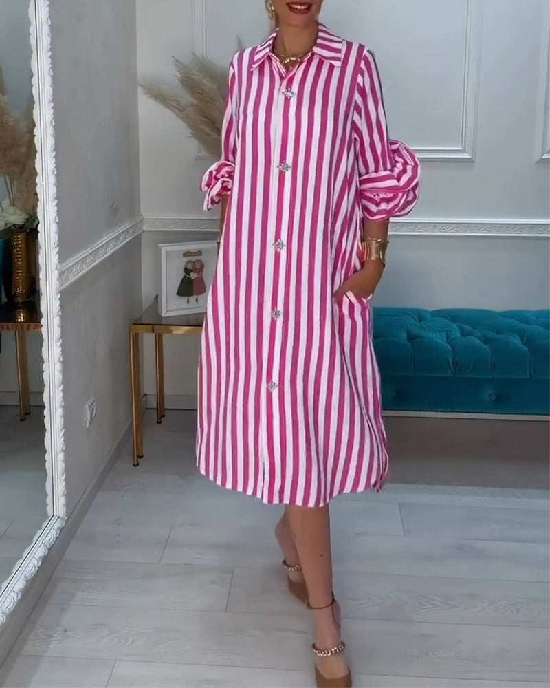 Robe Col Chemise Rayure Fente
