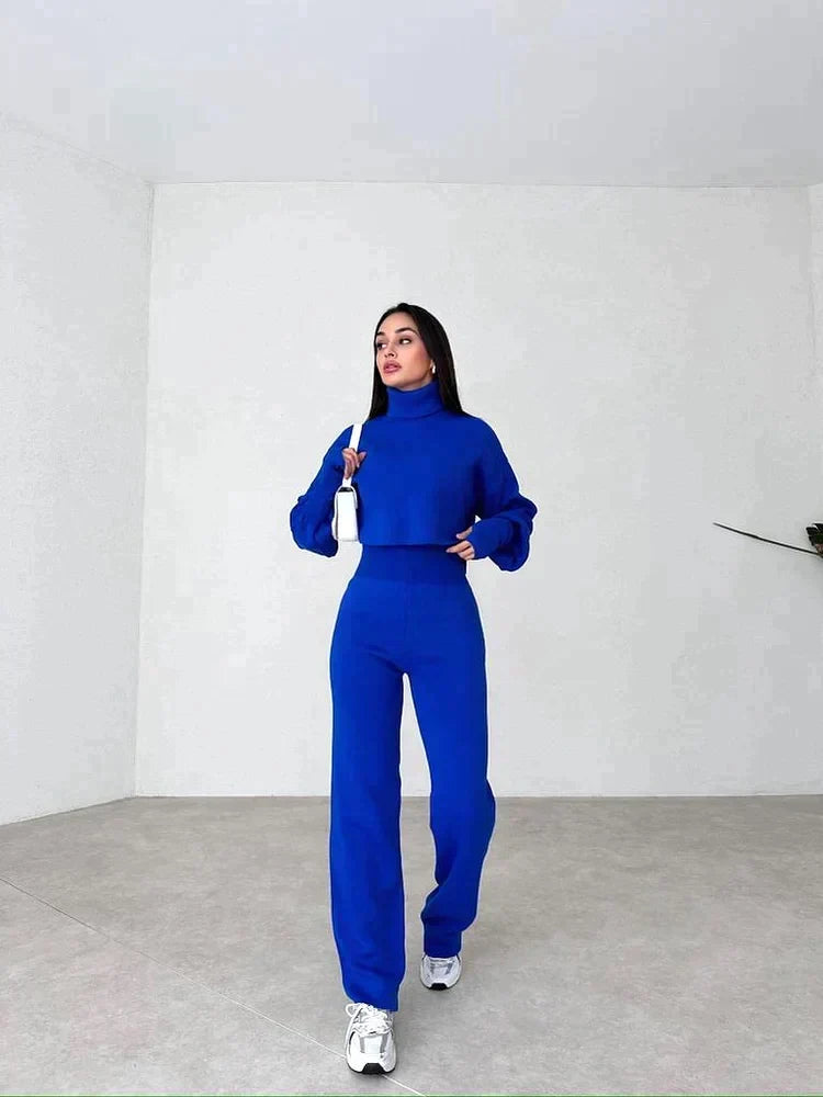 Ensemble Femme Deux Pièces Pull Col Montant Oversize Pantalon Droit