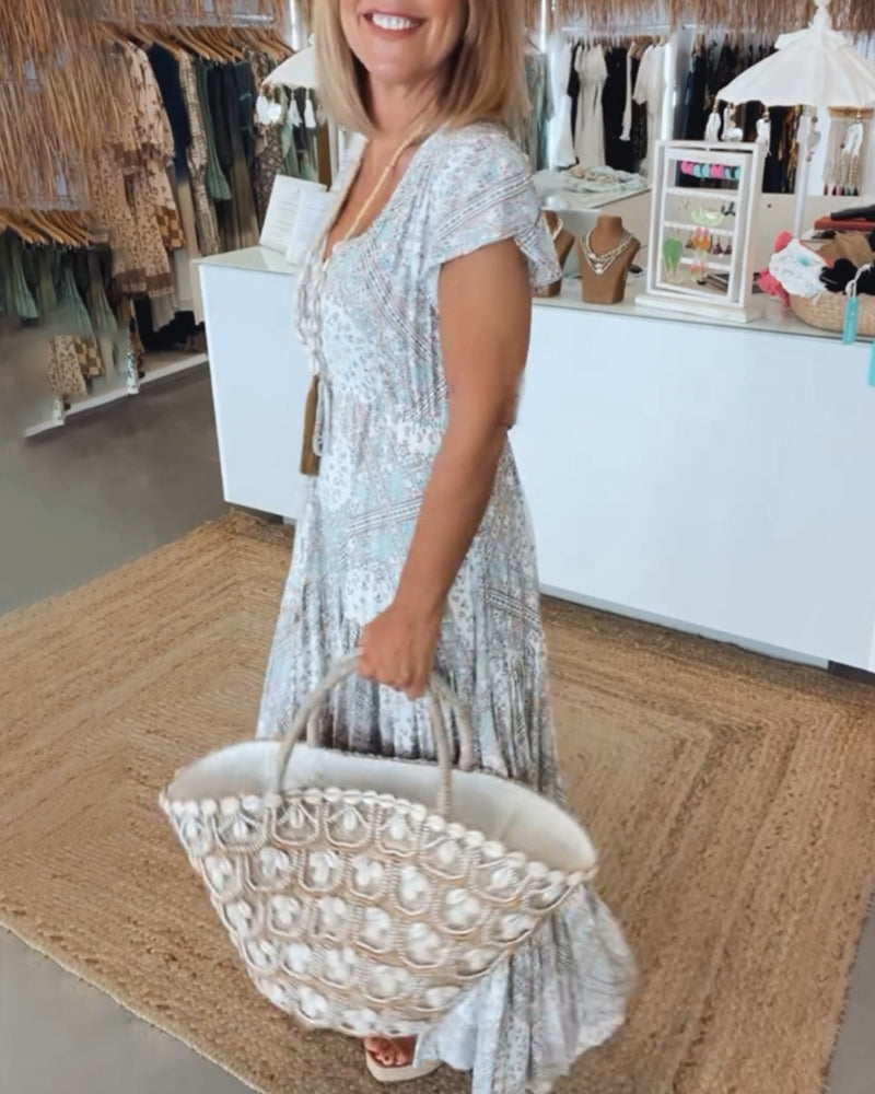 Robe à manches fendues en V imprimée pour les vacances