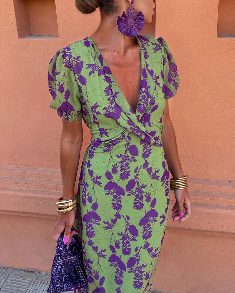 Robe A-Line à Manches Bouffantes et Imprimé Élégant de Feuilles en V Profond