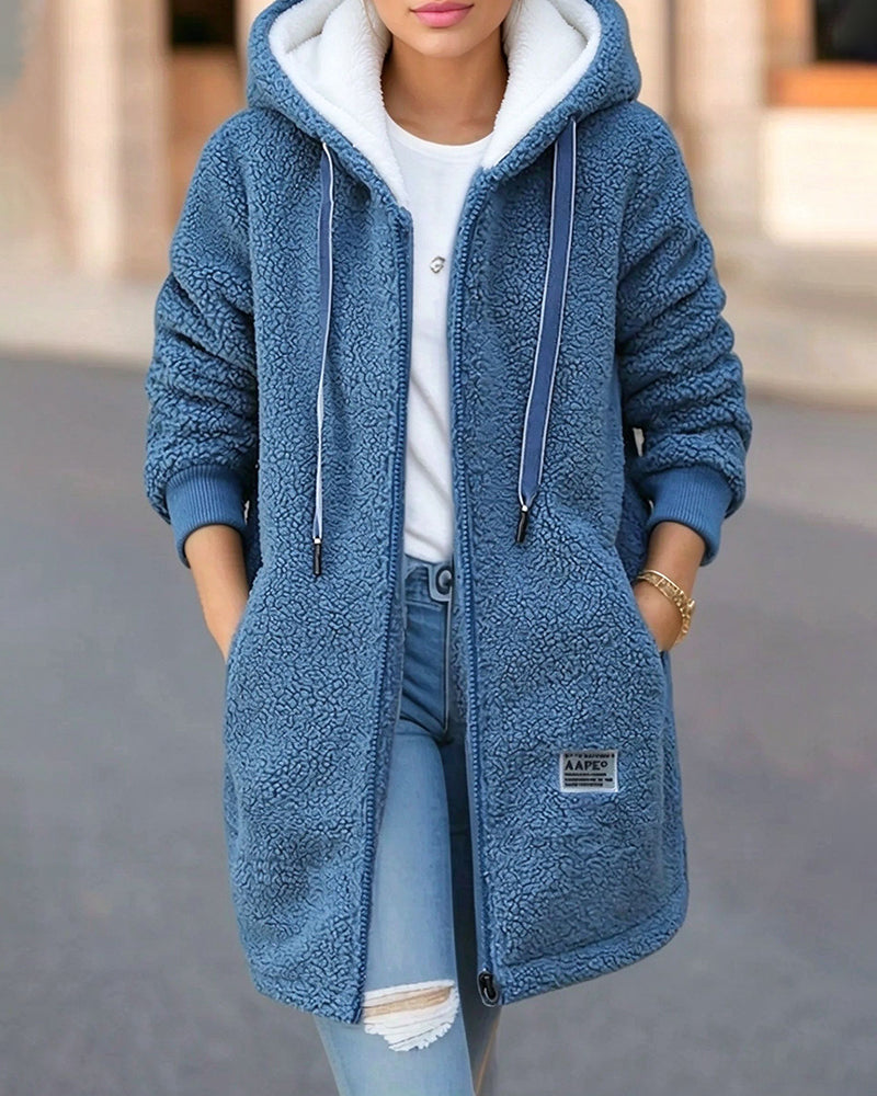 Manteau à Capuche avec Poche Zippée en Fleece Épaissi