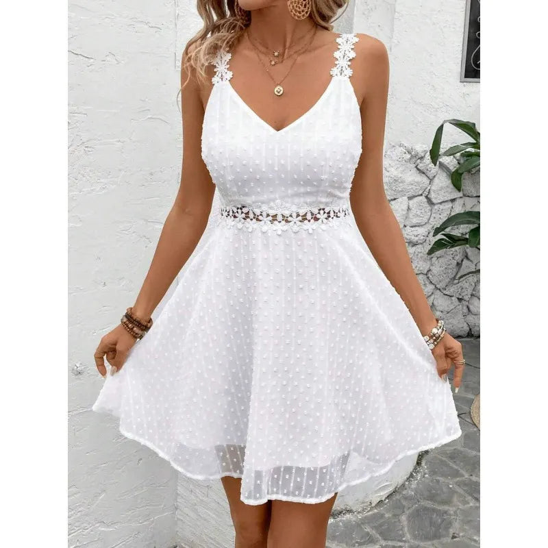 Robe mini femme à bretelles dentelle et pois plumetis