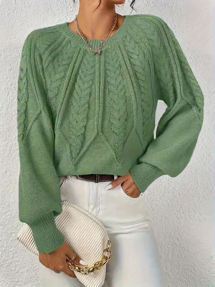 Pull en Tricot à Câbles pour Femme avec Col Rond et Manches Raglan