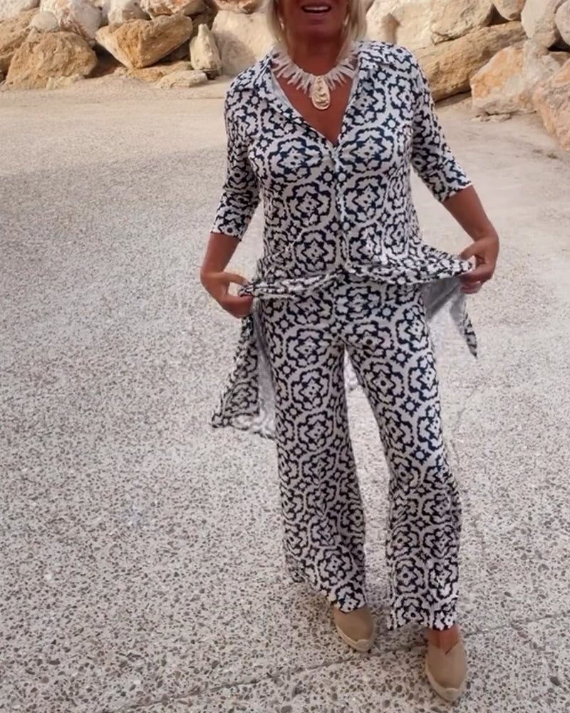 Mosa | Ensemble imprimé pour femmes, chemise longue et pantalon droit