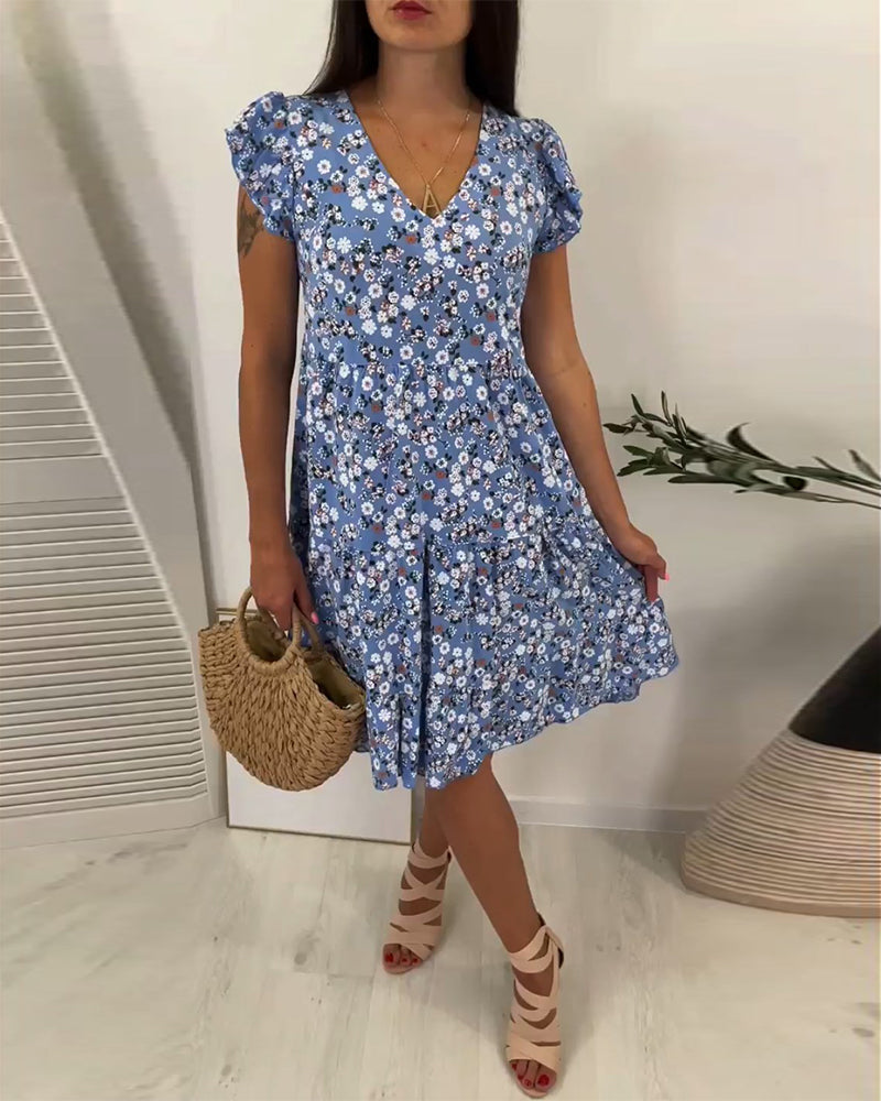 Robe midi sans manches à fleurs avec décolleté en V