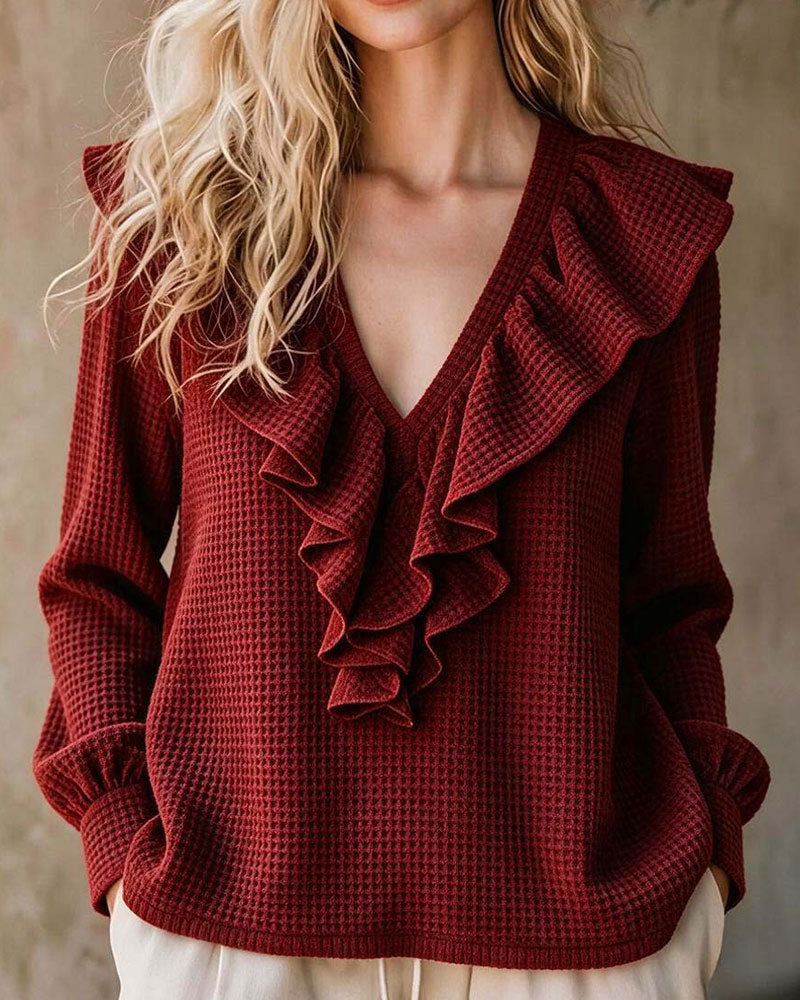 Blouse à Volants en Tricot Waffle avec Col en V