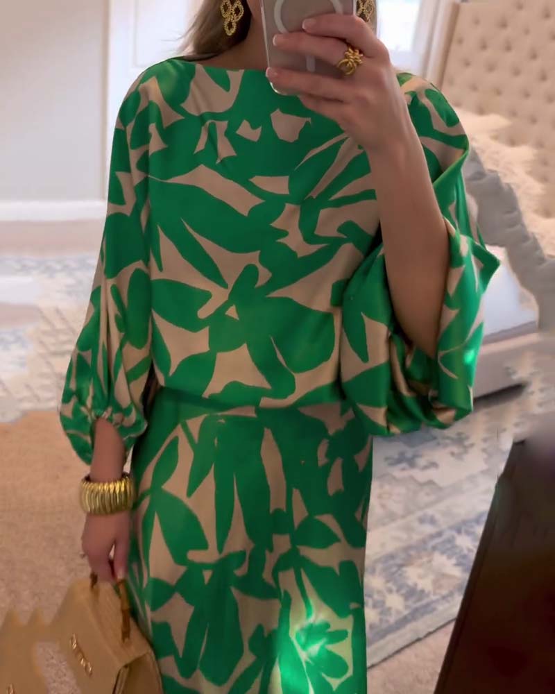 Ensemble de Robe Décontractée à Manches Lanternes Imprimées