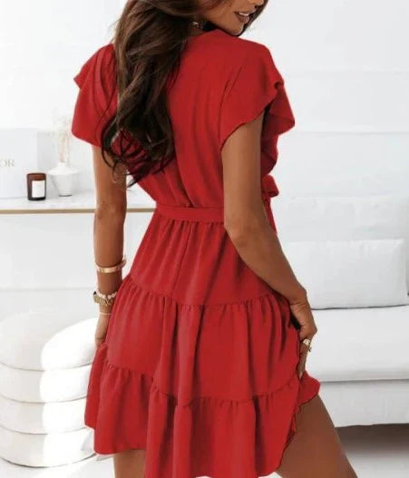 Blossom | Robe Mini Femme à Manches Volantes avec Volants et Ceinture